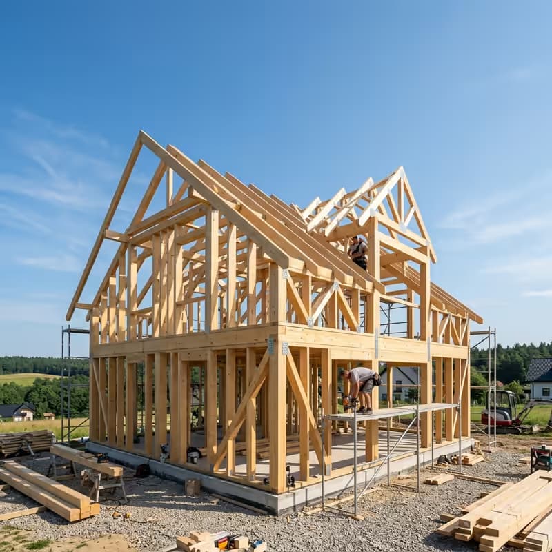 Konstrukcja domu szkieletowego w trakcie budowy