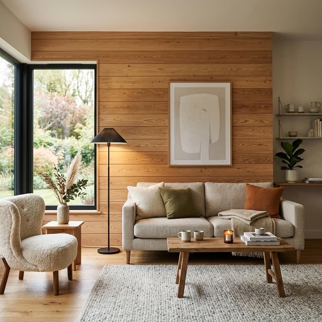 Wnętrze z panelami drewnianymi na ścianie